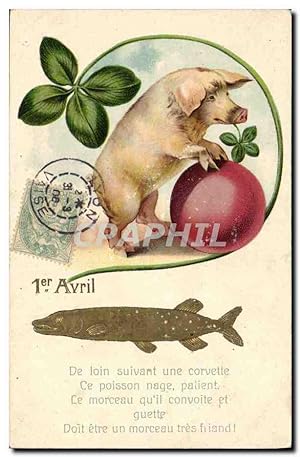Carte Postale Ancienne Cochon Porc Poisson 1er Avril