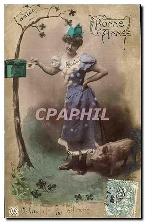 Carte Postale Ancienne Cochon Porc Femme Bonne année