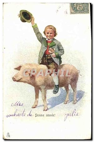 Carte Postale Ancienne Cochon Porc Enfant Bonne année