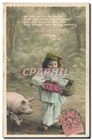 Carte Postale Ancienne Cochon Porc Enfant Poisson