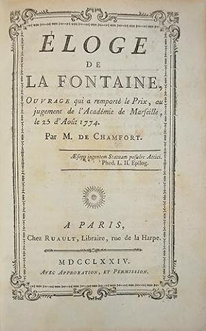 Bild des Verkäufers für Eloge de La Fontaine, qui a remporté le prix, au jugement de l'Académie de Marseille, le 25 août 1774 zum Verkauf von L'intersigne Livres anciens