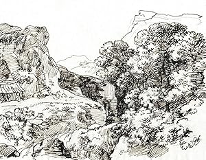Bild des Verkufers fr Felsige Gebirgslandschaft mit Bumen. Zeichnung. zum Verkauf von Antiquariat Dietrich Schneider-Henn