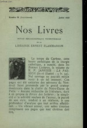 Bild des Verkufers fr Nos Livres. Catalogue 58 (Supplment) zum Verkauf von Le-Livre