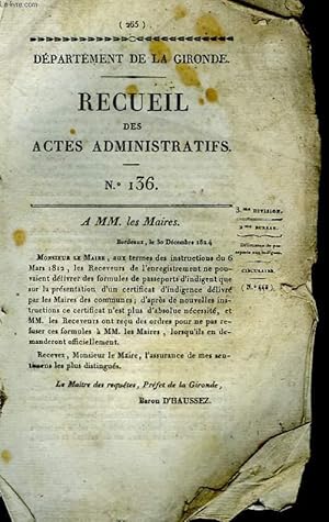 Seller image for Recueil des Actes Administratifs. N136 for sale by Le-Livre