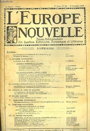 Seller image for L'Europe Nouvelle. Revue Hebdomadaire des Questions Extrieures, Economiques et Littraires. N45 - 2me anne. for sale by Le-Livre