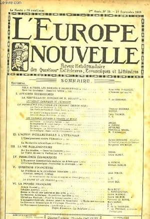 Seller image for L'Europe Nouvelle. Revue Hebdomadaire des Questions Extrieures, Economiques et Littraires. N39 - 2me anne. for sale by Le-Livre