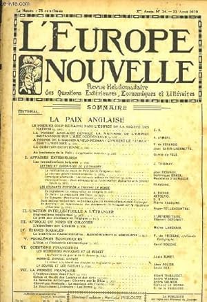 Seller image for L'Europe Nouvelle. Revue Hebdomadaire des Questions Extrieures, Economiques et Littraires. N34 - 2me anne. for sale by Le-Livre
