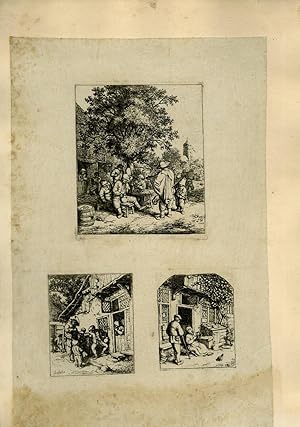 Image du vendeur pour Planche illustre de 3 gravures originales en noir et blanc : 3 scnes de village. mis en vente par Le-Livre
