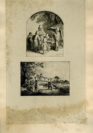 Planche illustrée de 2 gravures originales en noir et blanc : Scènes de village devant le commerc...