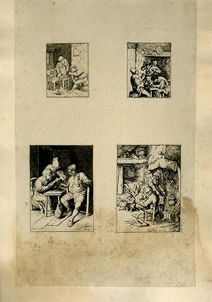 Image du vendeur pour Planche illustre de 4 gravures originales en noir et blanc : Scnes de villageois durant leurs repas. mis en vente par Le-Livre