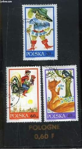 Collection de 3 timbres-poste oblitérés, de Pologne. Chat Botté, Le Corbeau et le Renard.
