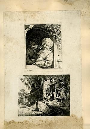 Image du vendeur pour Planche illustre de 2 gravures originales en noir et blanc : Un couple s'enlassant - Vue d'une entre de maison, avec 2 vieilles dames passant le temps, et un chien surveillant la carcasse d'un sanglier. mis en vente par Le-Livre