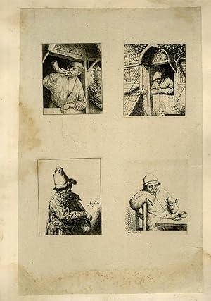 Image du vendeur pour Planche illustre de 4 gravures originales, chacunes reprsentant un villageois dans diverses situations : en jouant de la corne, fumant la pipe , sur le perron de sa maison, fouillant dans son sac. mis en vente par Le-Livre