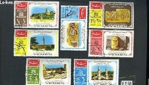 Collection de 7 timbres-poste oblitérés, du Yemen. Temples.