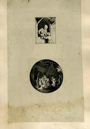 Image du vendeur pour Planche illustre de 2 gravures originales en noir et blanc : Une femme passant son bb par dessus un portique,  sa jeune fille - Vue sur 8 villageois tuant un porc ou sanglier  la tombe de la nuit mis en vente par Le-Livre