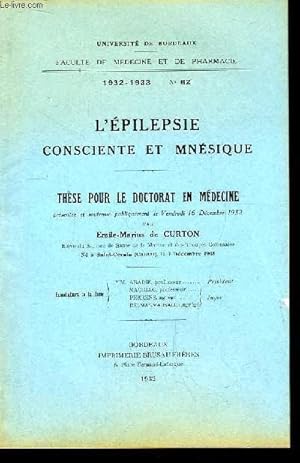 Image du vendeur pour L'Epilepsie Consciente et Mnsique. Thse pour le Doctorat en Mdecine N62 mis en vente par Le-Livre