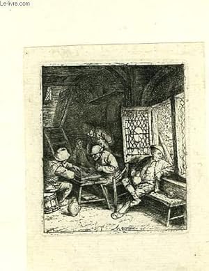 Image du vendeur pour Une gravure originale, en noir et blanc, de 4 hommes jouant  un jeu de socit et d'un 5me buvant son vin, l'air pensif. mis en vente par Le-Livre