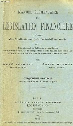 Seller image for Manuel Elmentaire de Lgislation Financire. for sale by Le-Livre