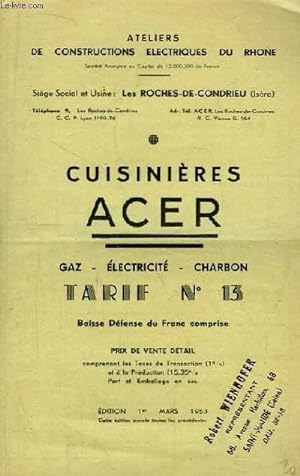 Seller image for Brochure de Tarifs des Cuisinières Acer. Tarif N°13 for sale by Le-Livre