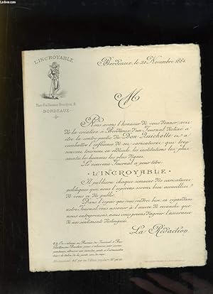 Seller image for Lettre imprimée du Journal "L'Incroyable", faisant avis de la création à Bordeaux d'un Journal destiné à être la contre-partie du Don Quichotte. for sale by Le-Livre