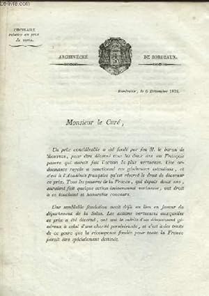 Lettre de l'Archevêché de Bordeaux à M. Le Curé. Circulaire relative au prix de vertu.