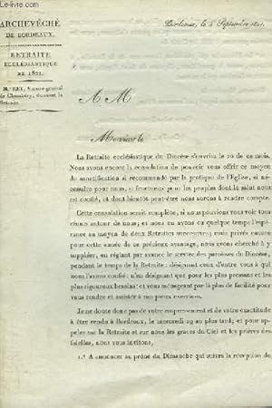 Lettre de l'Archevêché de Bordeaux à M. Le Curé. Retraite Ecclésiastique de 1821