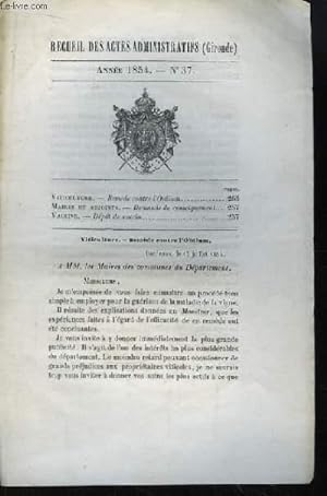 Seller image for Recueil des Actes Administratifs, du Dpartement de la Gironde. n37 - Anne 1854 : Remde contre l'Odium - Dpt de vaccin. for sale by Le-Livre