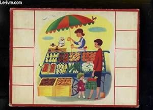 Planche illustrée, d'une maman avec sa fille devant un stand de fruits et légumes.