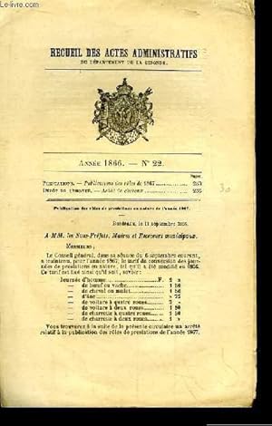 Bild des Verkufers fr Recueil des Actes Administratifs, du Dpartement de la Gironde. n22 - Anne 1866 : Achat de Chevaux. Publications des Rles de 1867. zum Verkauf von Le-Livre