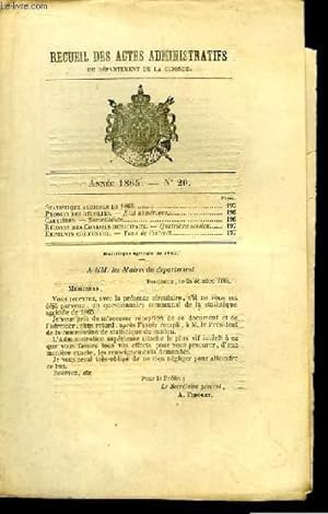 Bild des Verkufers fr Recueil des Actes Administratifs, du Dpartement de la Gironde. N20 - Anne 1865 : Carrire, Surveillance - Statistique Agricole . zum Verkauf von Le-Livre