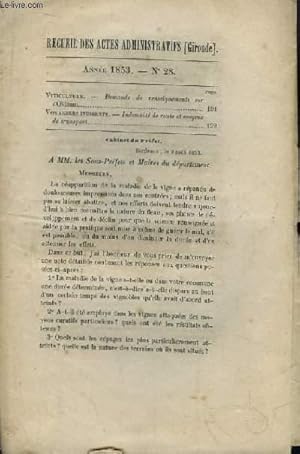 Seller image for Recueil des Actes Administratifs, du Dpartement de la Gironde. n28 - anne 1853 : Demande de renseignements sur l'Odium - Indemnit de route et moyens de transport for sale by Le-Livre