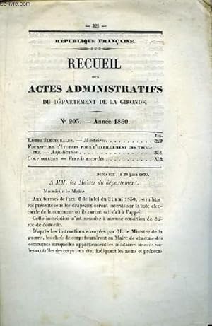 Seller image for Recueil des Actes Administratifs N205 - 1850 : Fournitures d'Etoffes pour l'Habillement des Troupes - Colporteurs : permis accords. for sale by Le-Livre