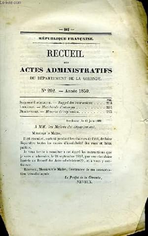 Seller image for Recueil des Actes Administratifs N202 - Anne 1850 : Marchands d'Estampes - Braconnage : Mesures de rpression. for sale by Le-Livre