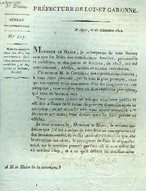 1 lettre imprimée N°517. Mise en recouvrement des rôles des contributions foncière, personnelle e...