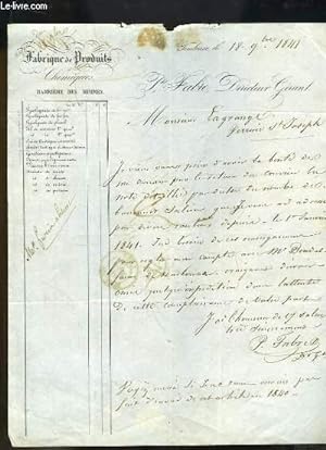 Lettre manuscrite de P. Fabie à Monsieur Lagrange - Barrière des Minimes.