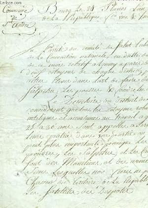 Lettre manuscrite originale de l'Administrateur du Directoire du District de Bourg. Séance du 24 ...