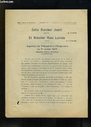 Document imprimé entre Monsieur Jamet et Monsieur Lacroix. Jugement du Tribunal Civil d'angoulème...