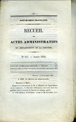 Seller image for Recueil des Actes Administratifs du Dpartement de la Gironde N245 - 1850 : for sale by Le-Livre