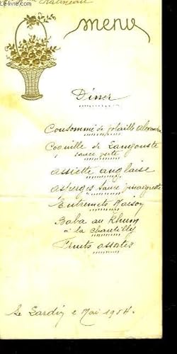 Menu du dîner de Mme Ratineau, servi le 2 mai 1954.