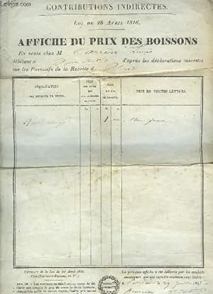 Affiche du Prix des Boissons : Vin rouge en vente chez Louis Carrère débitant. Contributions Indi...