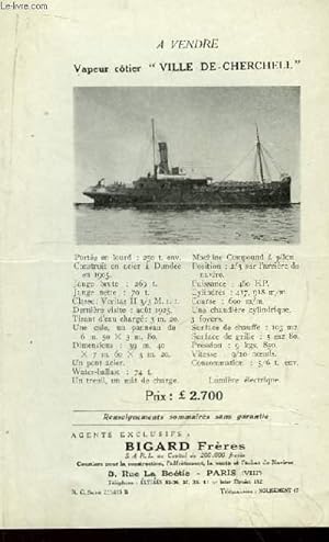 Seller image for Prospectus de la vente d'un bateau Vapeur ctier "Ville-de-Cherchell". for sale by Le-Livre