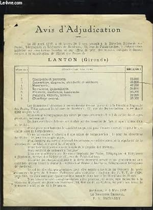 1 Affiche d'un Avis d'Adjucation, le 24 mars 1942, à la construction de l'Hôtel des Postes de Lan...