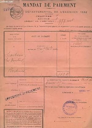 Mandat de Paiement - Budget département de l'Exercice 1922 - Coutreau (Les Héritiers)