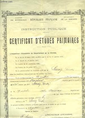 Instruction Publique. Certificat d'Etudes Primaires délivré à M. Faustin S. le 28 juillet 1920