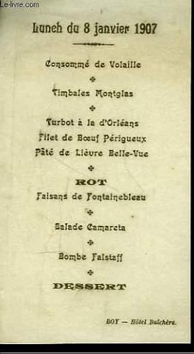 Menu du Lunch du 8 janvier 1907