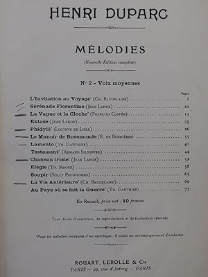 DUPARC Henri Mélodies pour Chant Piano 1911
