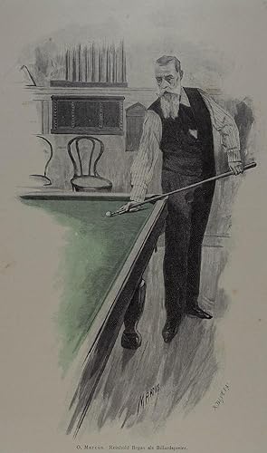 Bild des Verkäufers für Reinhold Begas als Billardspieler. Farbholzstich v. R. Bong nach O. Marcus um 1895, 24,5 x 14,5 cm zum Verkauf von Antiquariat Johannes Müller