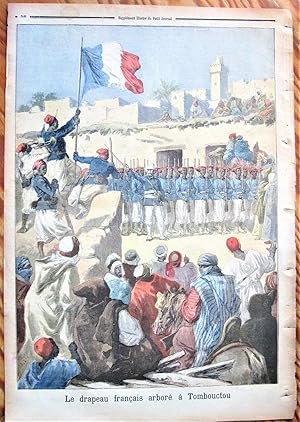 Antique Print: Le Drapeau Francais Abore a Tombouctou. (Raising of the French flag at Timbuktu)