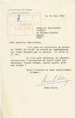 Typed Letter Signed from René Clair to Monsieur Gay-Lussac, 1962