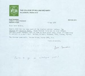 TLS Scott Donaldson (College of William and Mary) to Herb Yellin, Lord John Press. May 5, 1985. R...